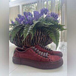 FRYE Men 8 Sneakers Shoes Red Cotton Canvas Leather Laces Comfort Rare 2014 EUC